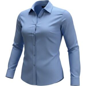Lands End No Iron Supima Cotton Blue Button Down Shirt Petite 4P Long Sleeve